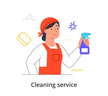 Cheerful female cleaning company member is cleaning premise with spray on white backgroundのイラスト素材