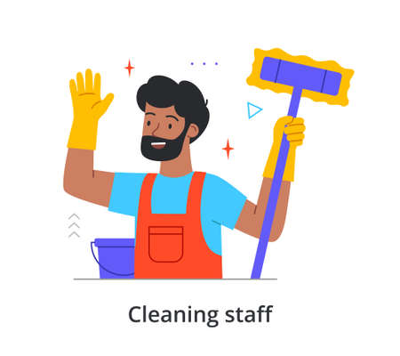 Happy male cleaning staff member is holding brush in gloves on white backgroundのイラスト素材
