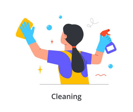 Female cleaning staff member is cleaning window with spray and wipes with spray on white backgroundのイラスト素材