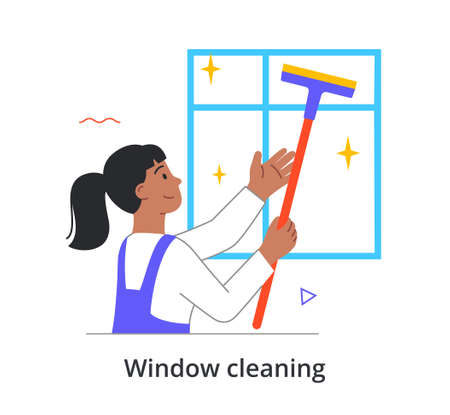 Smiling cleaning staff member is wiping the window with brush and spray on white backgroundのイラスト素材