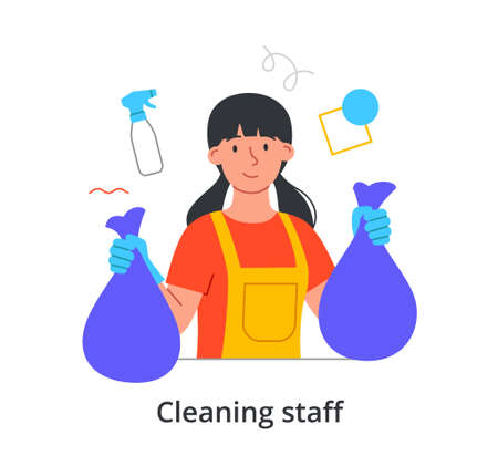 Young female cleaning staff member is collecting litter in blue plastic bags on white backgroundのイラスト素材
