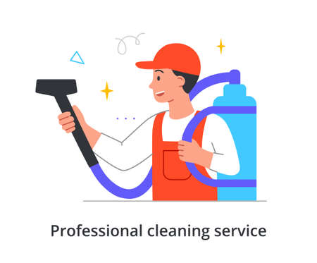 Smiling male cleaning company member in overall is vacuum cleaning place on white backgroundのイラスト素材