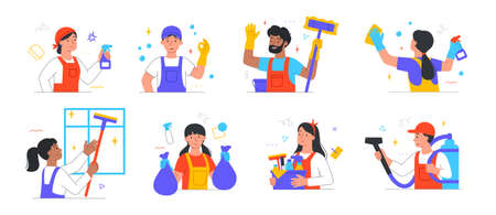 Set of male and female cleaning company staff characters are cleaning houses and other premises on white backgroundのイラスト素材