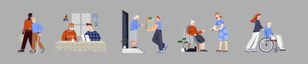 Set of scenes with volunteers taking care of elderly people on grey backgroundのイラスト素材