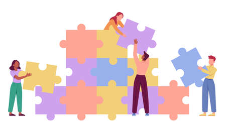 assembling giant jigsaw puzzle togetherのイラスト素材