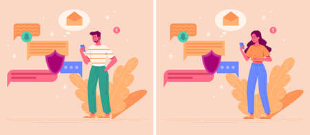 Male and female characters are sending and receiving messages in mobile smartphone applicationのイラスト素材
