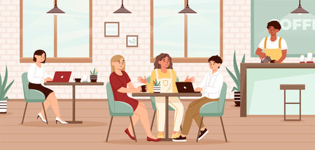 Young male and female characters are communicating and working in a coffeehouseのイラスト素材