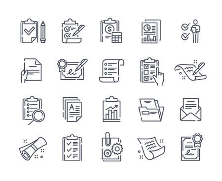 Set of clipboard related minimalistic linear icons on white backgroundのイラスト素材