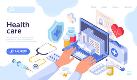 Doctors hands typing on laptop surrounded by hospital elementsのイラスト素材