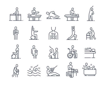 Set of linear essential icons of physiotherapy on white backgroundのイラスト素材