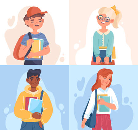 Young smiling male and female characters with books are ready to go to schoolのイラスト素材