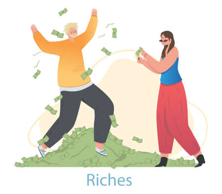 Happy male and female characters are throwing money banknotes up on white backgroundのイラスト素材
