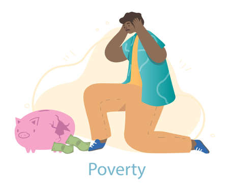 Poor male character is sitting near broken piggy bank with a few banknotes left on white backgroundのイラスト素材
