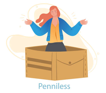 Unhappy female character is standing in an empty box with no money left on white backgroundのイラスト素材