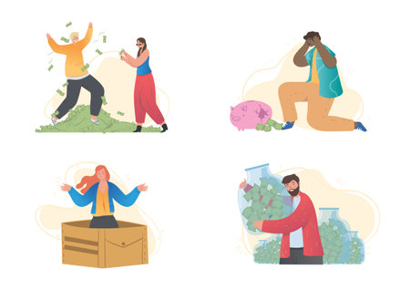 Set of scenes with male and female characters save, spend and waste money on white backgroundのイラスト素材
