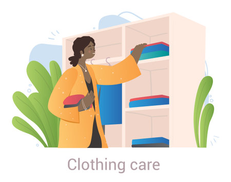 Cute female character is sorting and putting clothes in order in closet on white backgroundのイラスト素材