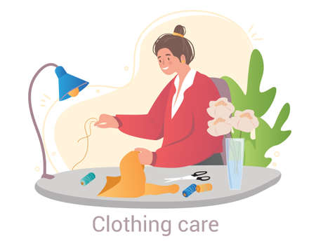 Smiling female character is sewing new clothes to prepare them for selling on white backgroundのイラスト素材