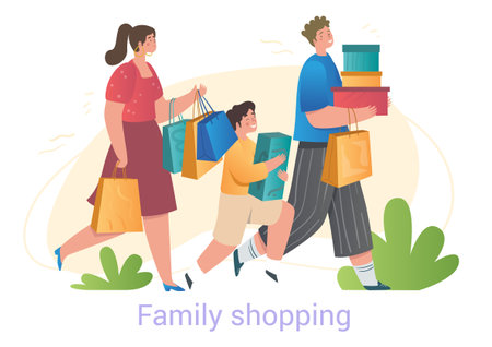 Happy cute family is shopping together with bags on white backgroundのイラスト素材
