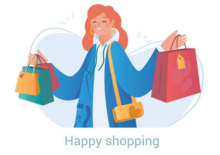 Smiling happy female character is shopping alone with bags on white backgroundのイラスト素材