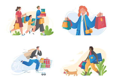 Set of male and female characters shopping with bags, carts during big sale on white backgroundのイラスト素材