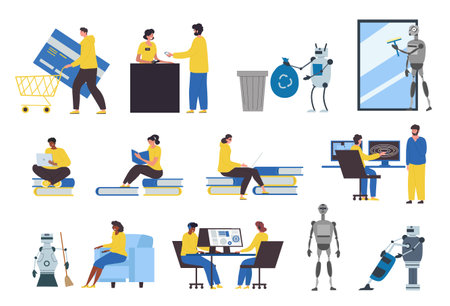 Set of male and female characters in modern technology scenes with robots and cyborgsのイラスト素材