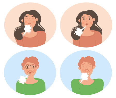 Male and female characters are doing inhale exhale breathing exercise together on white backgroundのイラスト素材