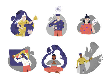 Set of male and female characters are recovering from psychological issues and disordersのイラスト素材