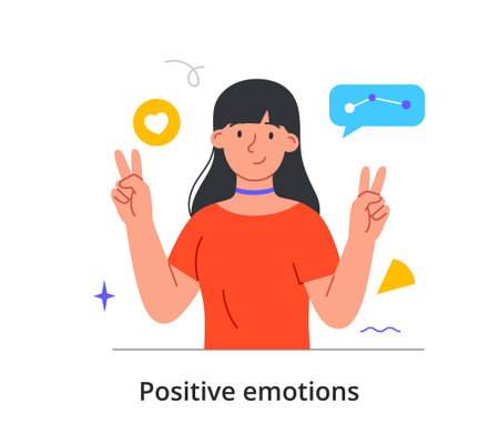 Cheerful female character is showing peace gesture with two hands on white backgroundのイラスト素材