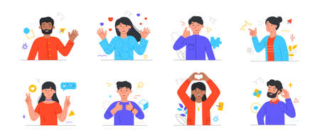 Set of happy male and female characters express various positive emotions with gestures on white backgroundのイラスト素材