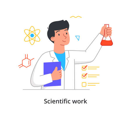 Young male scientist is holding test tube with red liquid in laboratory on white backgroundのイラスト素材