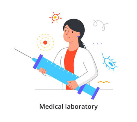 Cheerful female scientist is holding big syringe for medical analysis in laboratory on white backgroundのイラスト素材