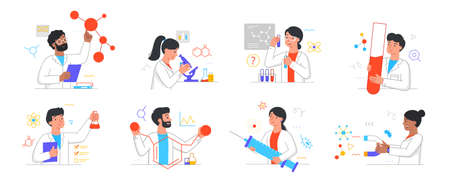 Set of male and female cientists conducting medical researches, analyses and tests of vaccines on white backgroundのイラスト素材
