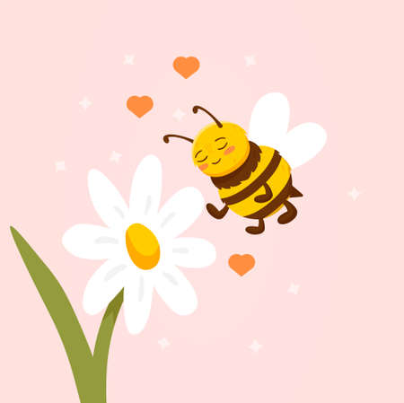 Daisy flower with cute bee flying nearby on pink backgroundのイラスト素材