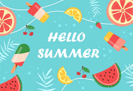 Colorful summer background layout design on light blue backgroundのイラスト素材