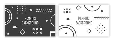 Set of memphis linear style geometric pattern on black and white backgroundのイラスト素材