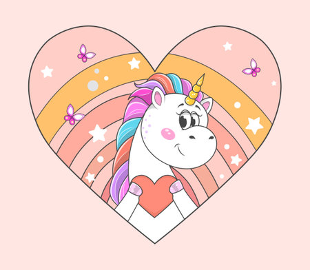 Cute little unicorn with colorful hair holding red heart on pink backgroundのイラスト素材