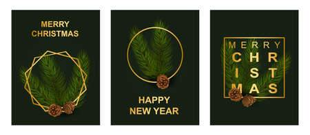 Merry christmas and happy new year festive set on dark green backgroundのイラスト素材