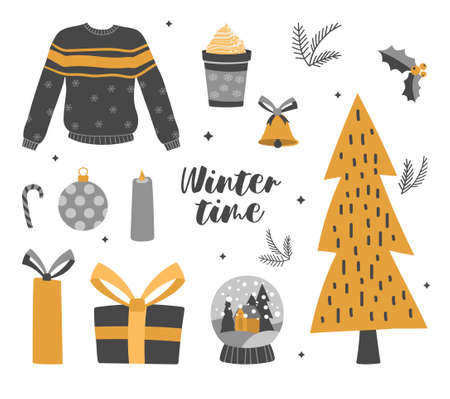 Set of essential festive christmas elements on white backgroundのイラスト素材