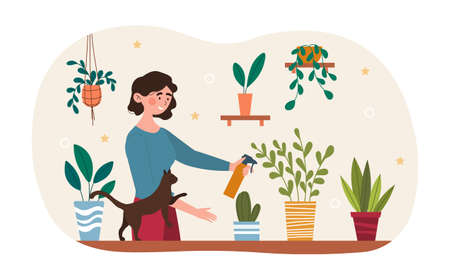 Woman watering houseplantsのイラスト素材
