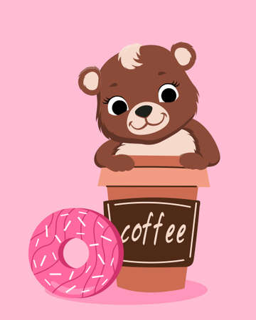 Teddy bear with coffee and donuts.のイラスト素材