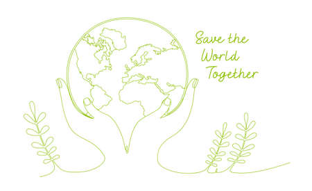 Hands holding planet in linear style on white backgroundのイラスト素材