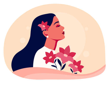 Girl with flowers standing in profileのイラスト素材
