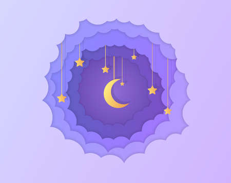 Night sky clouds round frame with stars on rope in paper cut styleのイラスト素材