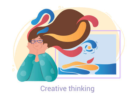 Cute female character with colorful hair is creative thinking on white backgroundのイラスト素材