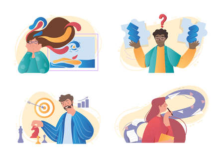 Set of male and female characters with different mental mindset models on white backgroundのイラスト素材