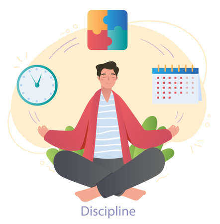 Mindful male character is sitting in lotus position showing his discipline on white backgroundのイラスト素材
