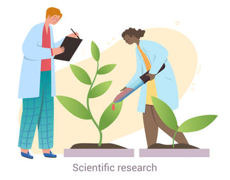 Young male and female characters are conducting scientific research on white backgroundのイラスト素材