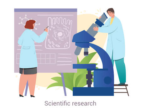 Male and female medical workers are conducting scientific research together on white backgroundのイラスト素材