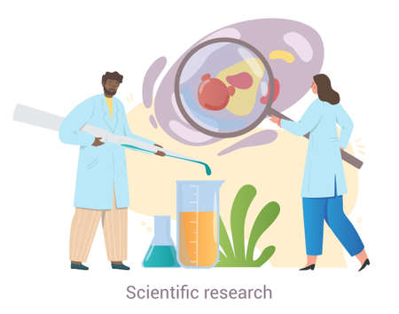 Cheerful team of medical workers is conducting scientific research together on white backgroundのイラスト素材