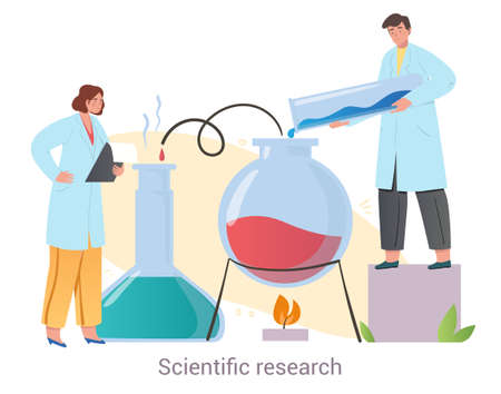 Two professional medical workers are conducting scientific research together on white backgroundのイラスト素材